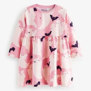Next UK Pink Ghost 100% Cotton Halloween Long Sleeve Jersey Dress
